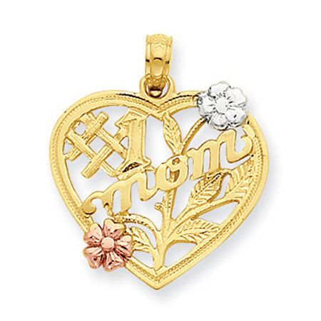 14k Rose and Yellow Gold Colored Flower 'Mom' Heart Frame Mom Pendant