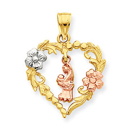 14k Rose & Yellow Gold Mother Holding Baby W/ Vine Heart-Shape Frame Mom Pendant