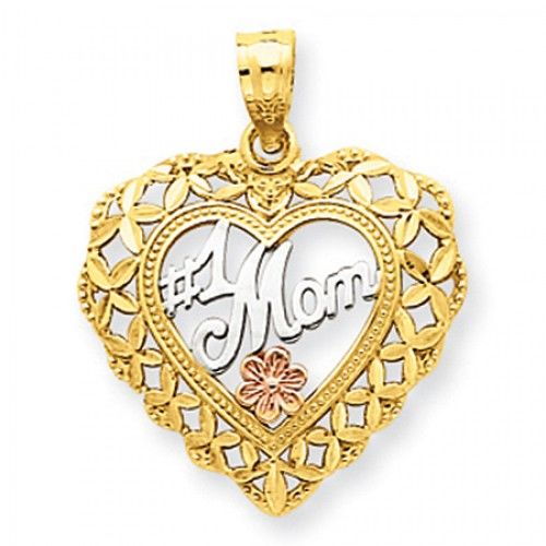 14k Rose and Yellow Gold #1 Mom with Thick Flower Border Mom Pendant