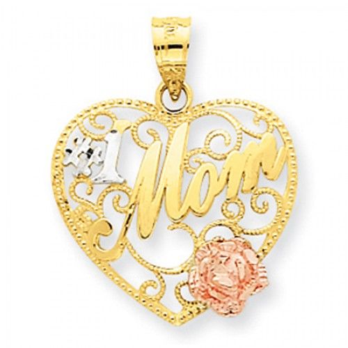 14k Rose and Yellow Gold #1 Mom in Heart Shaped Spiral Design Mom Pendant