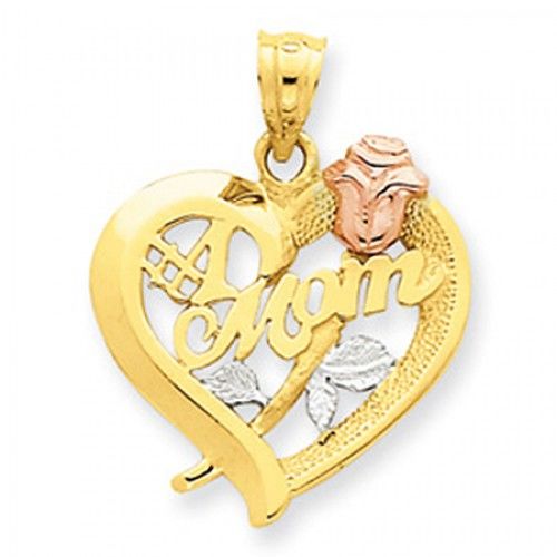 14k Rose and Yellow Gold #1 Mom with Long-Stemmed Rose Mom Pendant