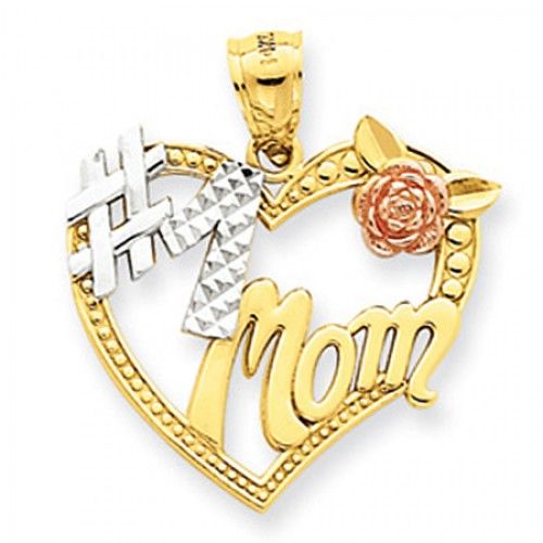 14k Rose and Yellow Gold #1 Mom with Hanging Flower Mom Pendant