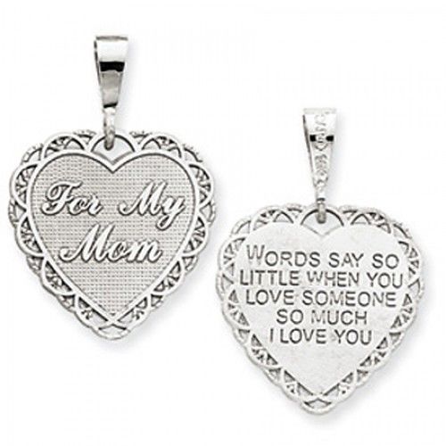 14k White Gold 'For My Mom' Heartfelt Message Heart Mom Pendant