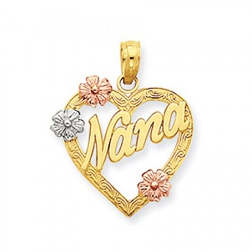 14k Rose and Yellow Gold Nana Encircled By Heart Outline Grandma Pendant
