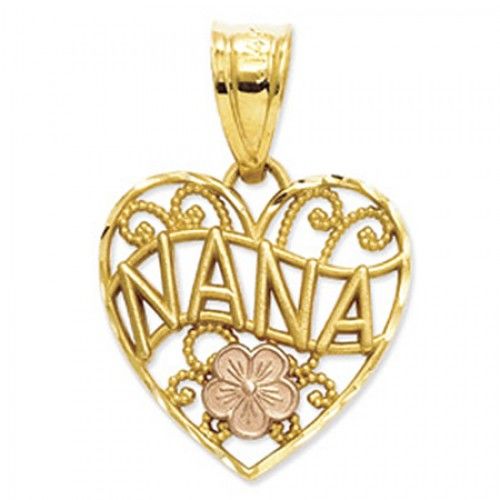 14k Rose and Yellow Gold Two-Tone Nana W/ Flowers in Heart Grandma Pendant