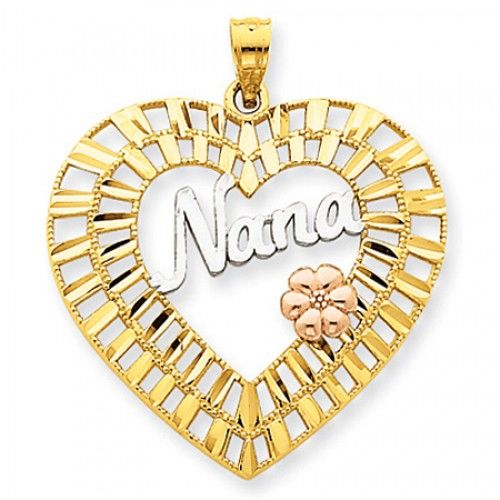 14k Rose and Yellow Gold Dual Bordered Nana W/ Flowers Grandma Pendant