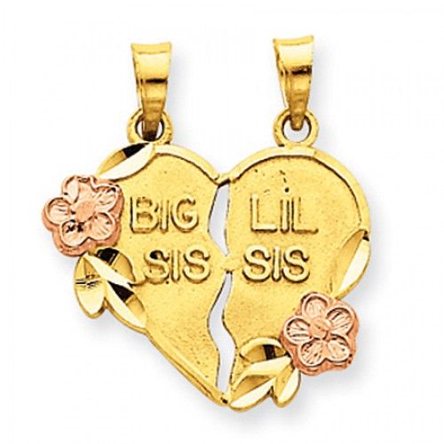 14k Rose and Yellow Gold Two Piece Heart Lil & Big Sis Sister Pendant