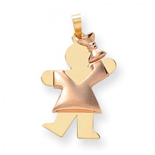 14k Rose and Yellow Gold Two-Tone Puffy Waving Girl W/ Bow Kiss Pendant