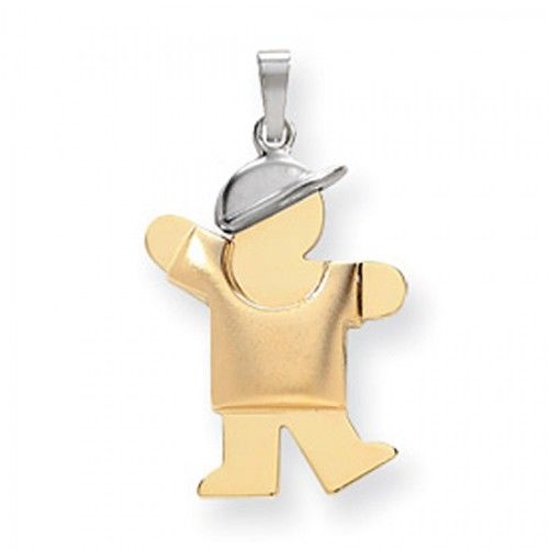 14k White and Yellow Gold Two-Tone Puffy Waving Boy W/ Baseball Cap Kiss Pendant