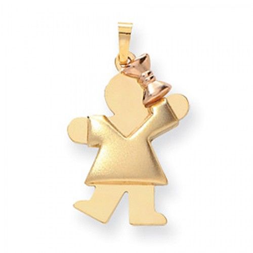14k Rose and Yellow Gold Two-Tone Puffy Waving Girl W/ Bow On Right Kiss Pendant