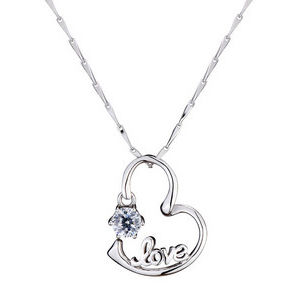 LOVE Silver Heart Necklace Zirconium Gemstone Crystal Jewelry for Girls