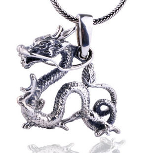 Ancient Chinese Dragon Pendant .925 Thai Silver Oriental Jewelry for Men w/ SILVER CHAIN