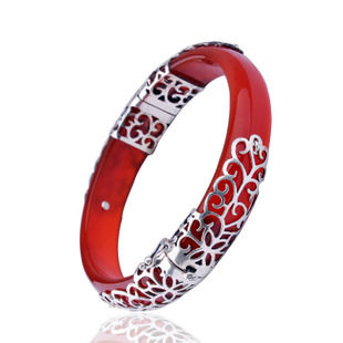 Natural Red Agate Bracelet Bangle Thai Silver Accents for Men's Fashion