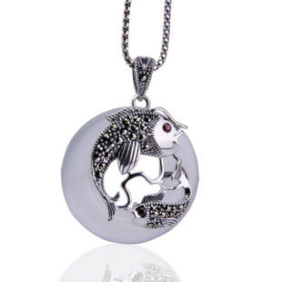 White Cat Eye Crystal Gemstone Pendant Thai Silver Swim for Women w/ SILVER CHAIN