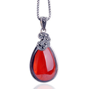 Bohemian Jewelry Retro Fashion Thai Silver Red Garnet Gemstone Teardrop Pendant w/ SILVER CHAIN