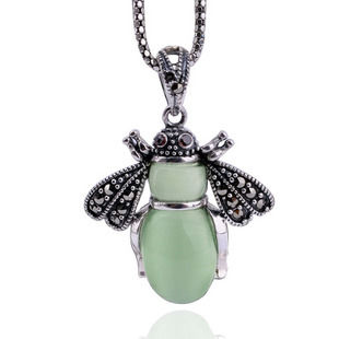 Green Cat's Eye Crystal Opal Gemstone Pendant Thai Silver w/ SILVER CHAIN