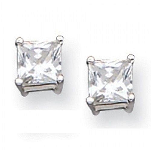 Cubic Zirconia Earrings in Sterling Silver - Post with Backs - Princess - Fine