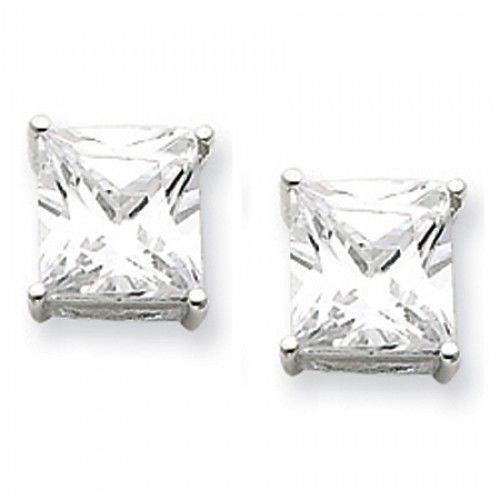 Cubic Zirconia Earrings in Sterling Silver - Post W/ Backs - Princess - Graceful