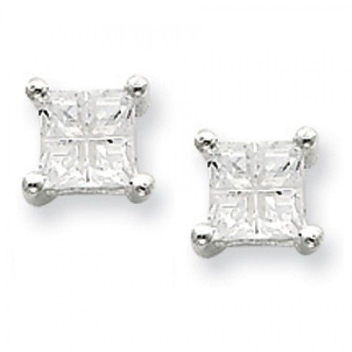 Cubic Zirconia Earrings in Sterling Silver - Princess Shape - Pressure Back