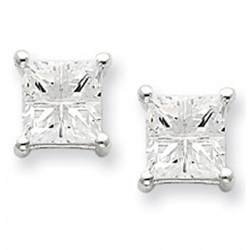 Cubic Zirconia Earrings in Sterling Silver - Butterfly Back - Princess Shape
