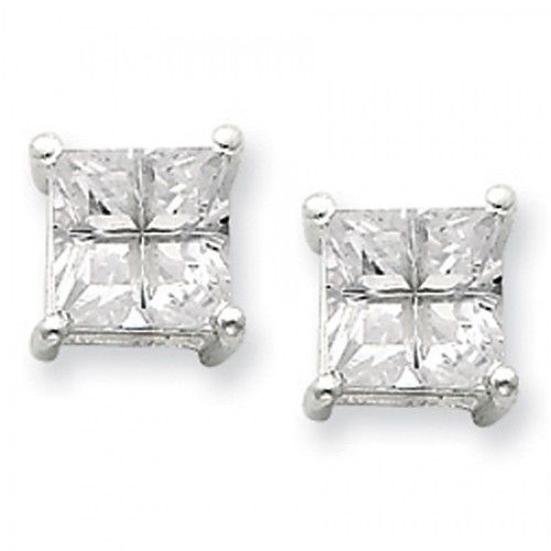 Cubic Zirconia Earrings in Sterling Silver - Princess Shape - Post with Back
