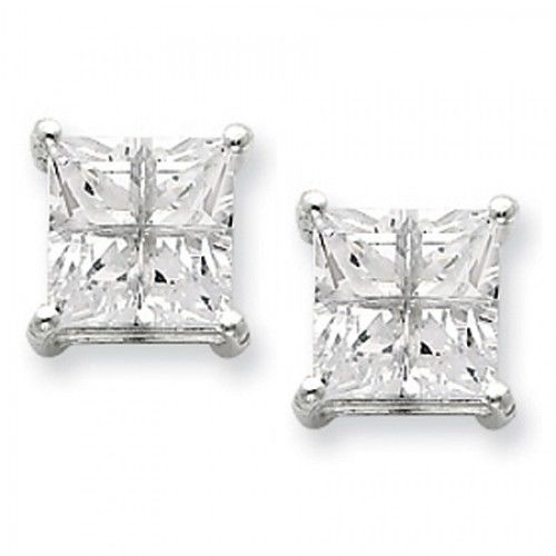 Cubic Zirconia Earrings in Sterling Silver - Friction Back - Princess Shape