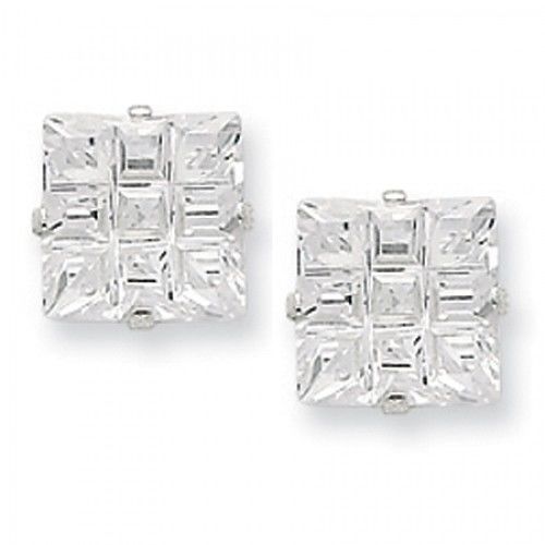 Cubic Zirconia Earrings in Sterling Silver - Princess Shape - Friction Backs
