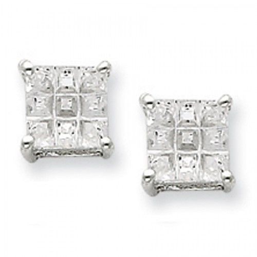 Cubic Zirconia Earrings in Sterling Silver - Post with Back - Princess Shape