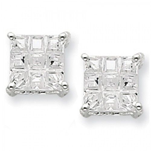 Cubic Zirconia Earrings in Sterling Silver - Princess Shape - Friction Back