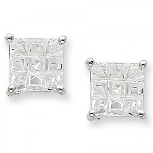 Cubic Zirconia Earrings in Sterling Silver - Post W/ Back - Princess Shape