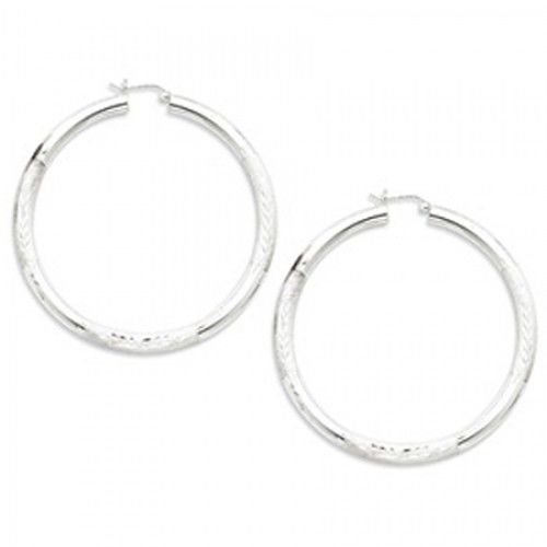 Sterling Silver Women'S Hoop Earrings Satin & Diamond Cut Vine Design - 4mm