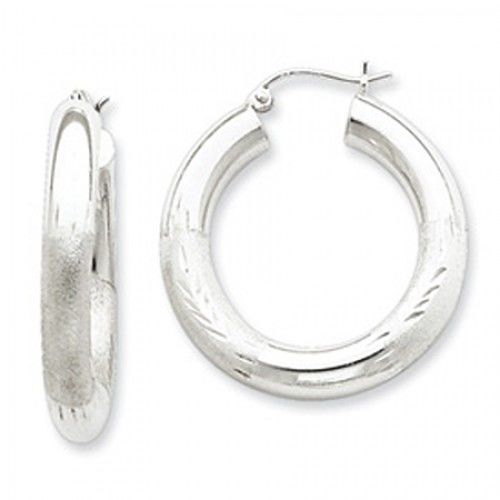 Sterling Silver Hoop Earrings Vine Design Diamond Cut & Polished Satin - 5mm