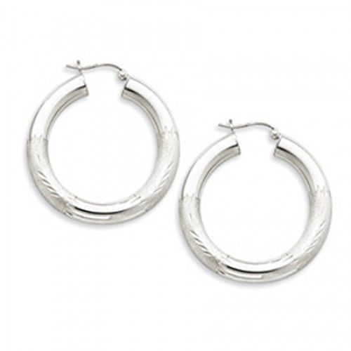 Sterling Silver Hoop Earrings Vine Design Diamond Cut and Polished Satin - 5mm