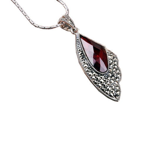 Gorgeous Thai Silver Pendant With Inlaid Garnet Gemstone Crystal Jewelry for Women's Styles (w/ NECKLACE)