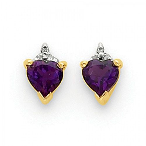Heart Earrings - Amethyst & Diamond in Yellow Gold - 14kt - Post with Back