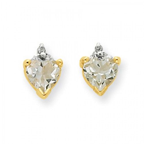 Heart Earrings - Prasiolite Quartz & Diamond in 14kt Yellow Gold - Friction Back