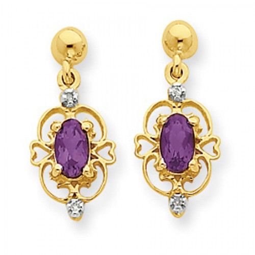 Amethyst & Diamond Earrings in Yellow Gold - 14kt - Post W/ Back - Oval Shape