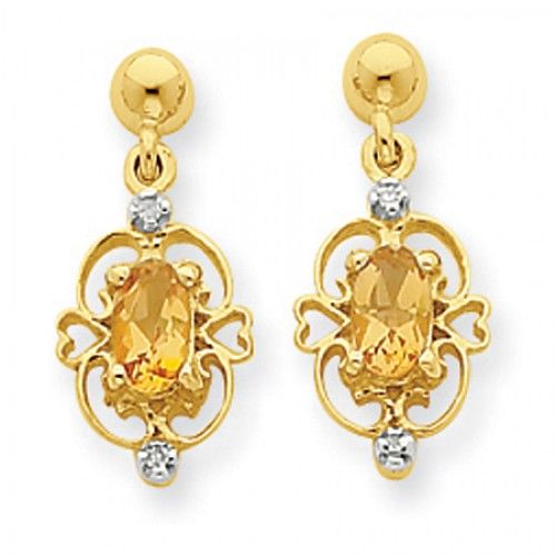 Citrine & Diamond Earrings in 14kt Yellow Gold - Friction Back - Oval Shape