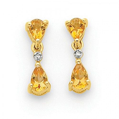 Citrine & Diamond Earrings in Yellow Gold - 14kt - Post W/ Back - Oval Shape