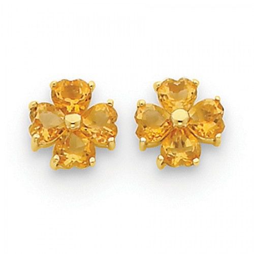 Citrine Flower Earrings in 14kt Yellow Gold - Pressure Backs - Heart Shape