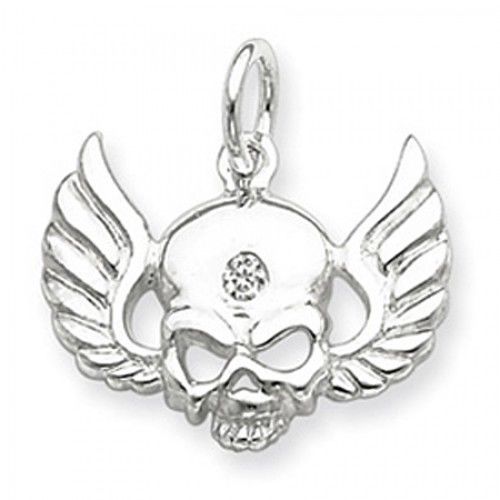 Cubic Zirconia Skull Wings Charm in Sterling Silver - Round Shape - Exquisite