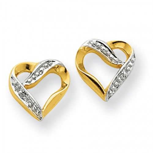 Diamond Heart Earrings in Rhodium Plated Yellow Gold - 14kt - Post with Back