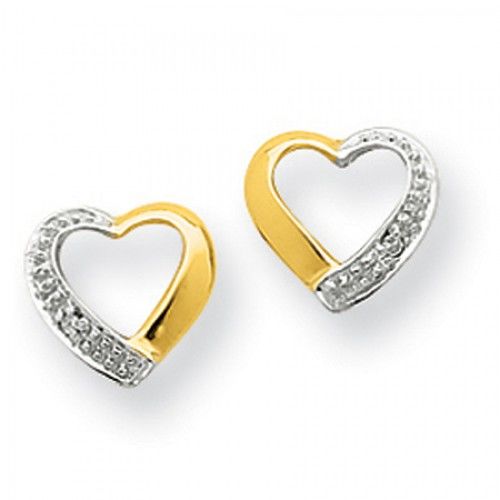 Diamond Heart Earrings in 14kt Rhodium Plated Yellow Gold - Friction Back