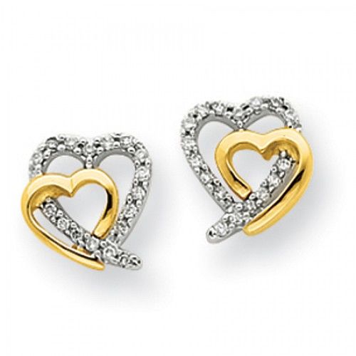 14k White and Yellow Gold Two-Toned Heart Stud Diamond Earrings