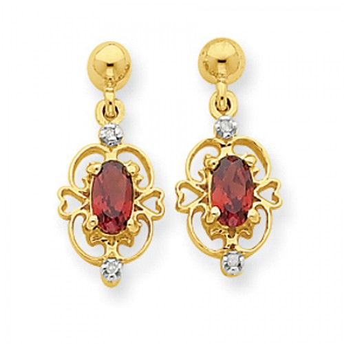 Garnet & Diamond Earrings in Yellow Gold - 14kt - Post with Back - Oval Shape