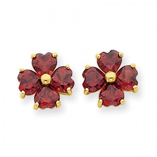 14k Yellow Gold Red Garnet Flower Earrings