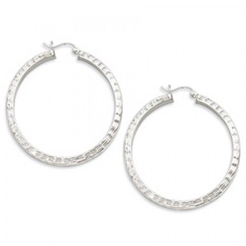 Sterling Silver Diamond Cut Square Tube Ridged Hoop Earrings - 3mm X 44mm