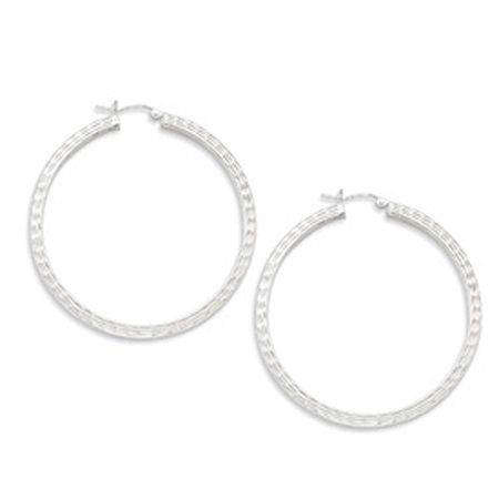 Sterling Silver Diamond Cut Square Tube Ridged Hoop Earrings - 3mm X 49mm