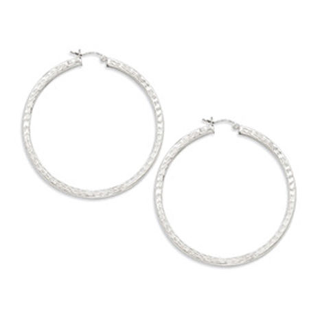 Sterling Silver Diamond Cut Square Tube Ridged Hoop Earrings - 3mm X 54mm