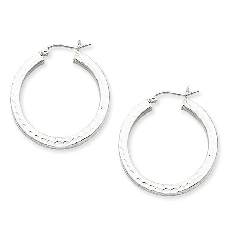 Sterling Silver Diamond Cut Square Tube Ribbed Hoop Earrings - 3mm X 28mm